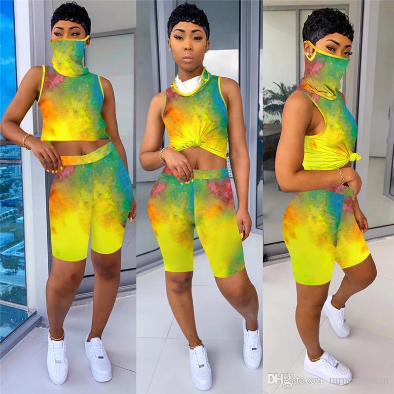 2023 Women Designer T-shirt Shorts tracksuits Outfits Jogger Suit 2 Piece Set With Mask Sleeveless Pullover Tie-dye Summer Casual Clothes Tracksuit