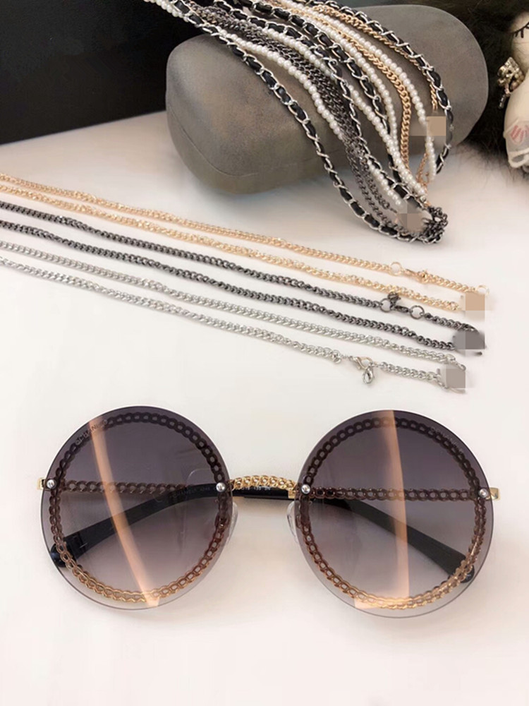 New high-quality round chain sunglasses metal leather pearl chain rectangular glasses