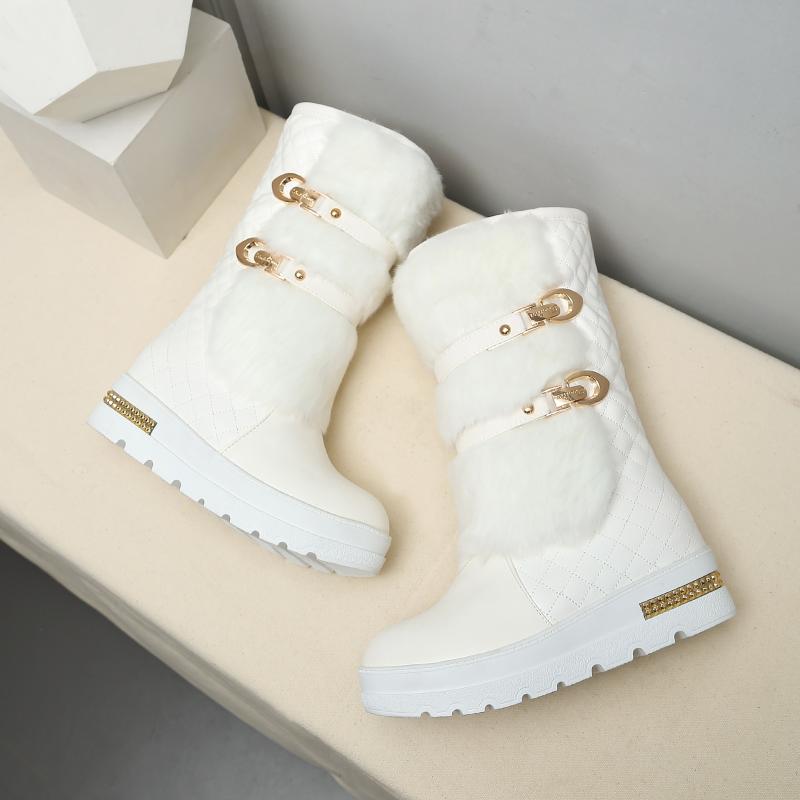 white fur snow boots women double metal chains mid-calf winter boots plaid white leather cozy long plush platform y981