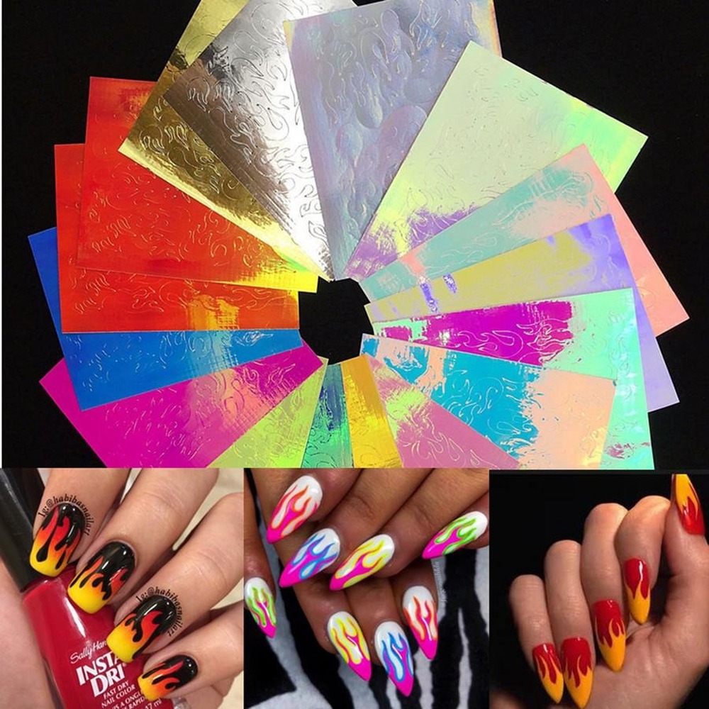 16Pcs Nail Flame Sticker Colorful Manicure Stickers Laser Flame Sticker Autocollant De Flamme Dongle Women Nail Art Flame Sticker Tools