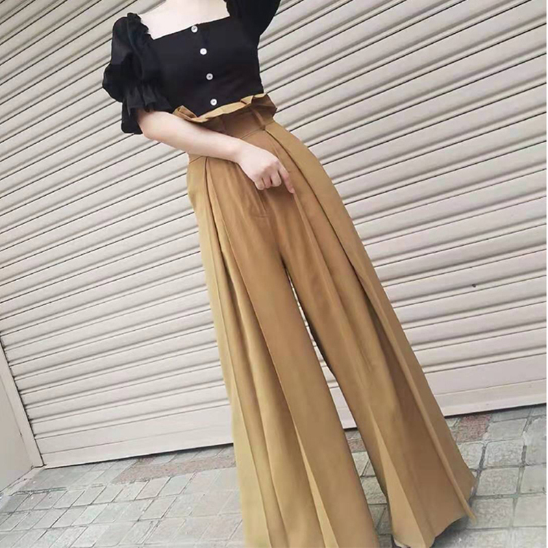 VGH Elegant Streetwear Style Women Full Length Pant High Waist Loose Ruffles Pleated Wide Leg Pants For Female Fashion Clothing CX200812
