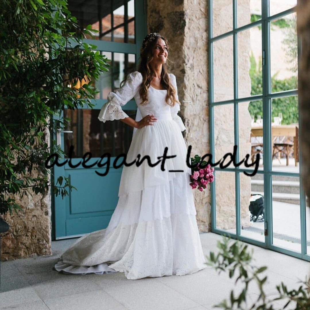 Vintage Western Country Bride Wedding Dresses 2021 Long Sleeve Lace Chiffon Bohemian Beach Layers Wedding Gown bestidos de novias