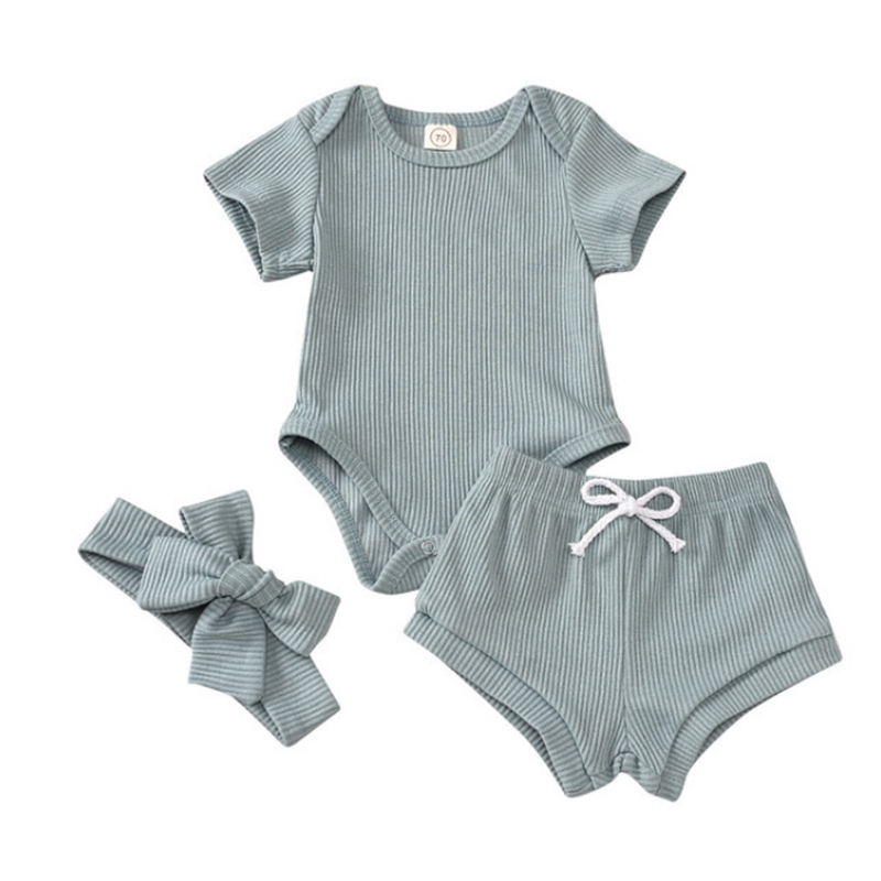 Baby Girl Clothes Set Solid Toddler Girls Rompers Shorts Headband 3pcs Sets Short Sleeve Children Outfits Boutique Summer Baby Clothing 5796
