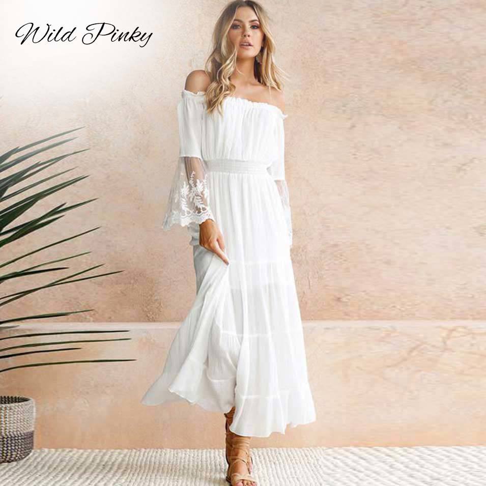 WildPinky Summer Sundress Women White Beach Dress Strapless Long Sleeve Loose Sexy Off Shoulder Lace Boho Chiffon Maxi Dress 200928