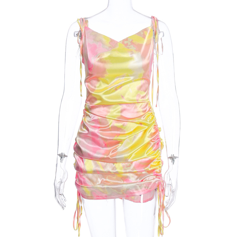 bodycon dresses Print Sexy Women Party Dresses Fashion Sleeveless Strap Drawstring Ruched Clubwear Mini Dress Bodycon Summer