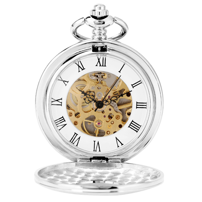 Retro Vine Silver Pocket Watch Men Women Handwinding Mechanical Timepiece Skeleton Double Hunter Pendant FOB Chain Reloj de bol249B