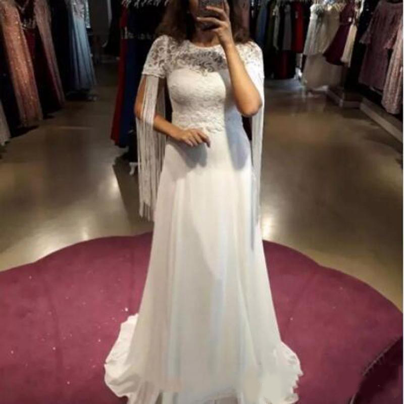 Vintage White Bridal Gowns Jewel Short Capped Sleeves A-Line Wedding Gowns Back Zipper Custom Made Sweep Train Lace Wedding Dres