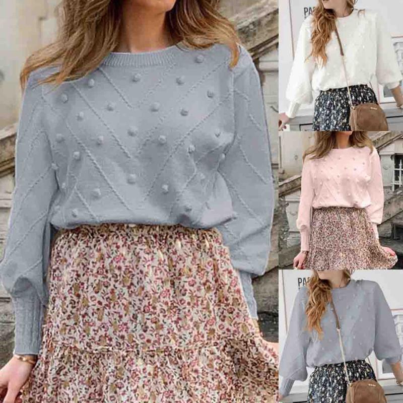 Fashion Women Winter Warm O-Neck Knitted Hairball Long Sleeve Sweater Tops, Gray