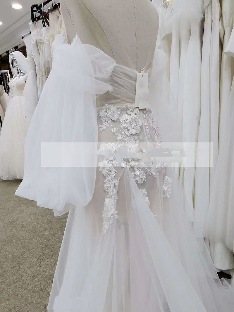 2021 Sweet Backless Boho Beach Wedding Dresses Sexy Illusion Mermaid Flowers Lace Wedding Gowns Full Puff Sleeves Appliques Bridal Dress