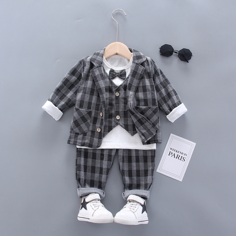 Fashion 2021 3-piece Handsome Men Suit Children Suit With Bow Spring and Autumn Boys Jacket Vest Pant Plaid Suit