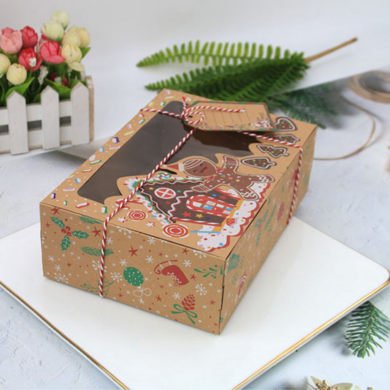 24 pcs New Kraft Paper Box Kraft Paper Large Christmas Candy Box PVC Window Biscuit Gingerbread Christmas Decorations