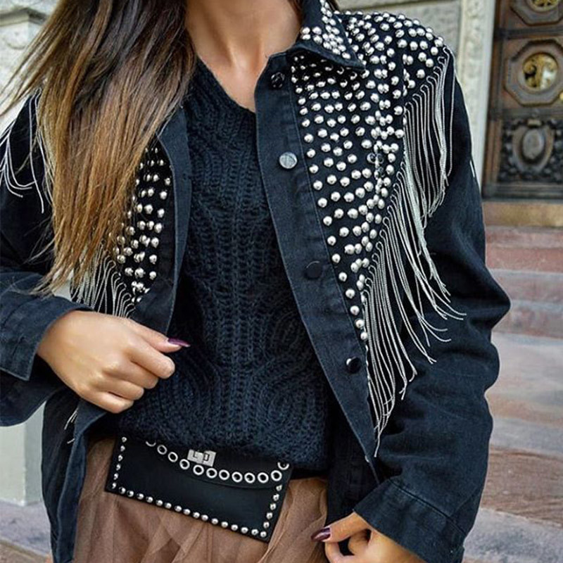 Women Denim Jakcet Rivet Tassel Jean Jackets Turn Down Collar Single Breasted Female Coats 2020 Ladies Streetwear Trending Tops CX200811