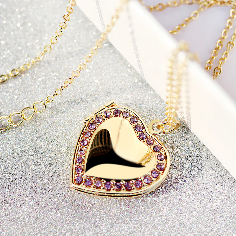 6 color Rhinestones Box Photo Frame Locket Pendant Necklace Fashion Heart Jewelry For Women Love Gift
