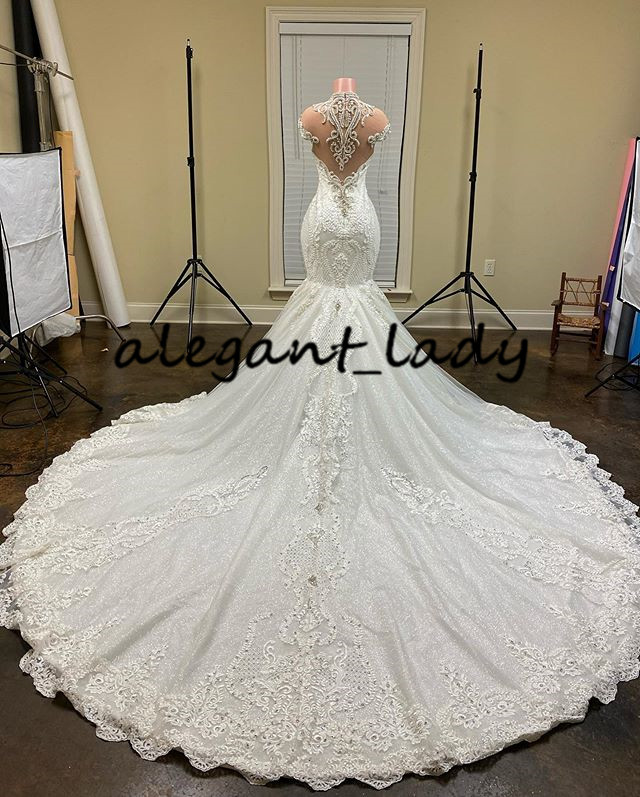 Luxury Cathedral Train Wedding Dresses 2021 High Neck Lace Applique Beaded Mermaid Princess Wedding Gown vestido novia sexy