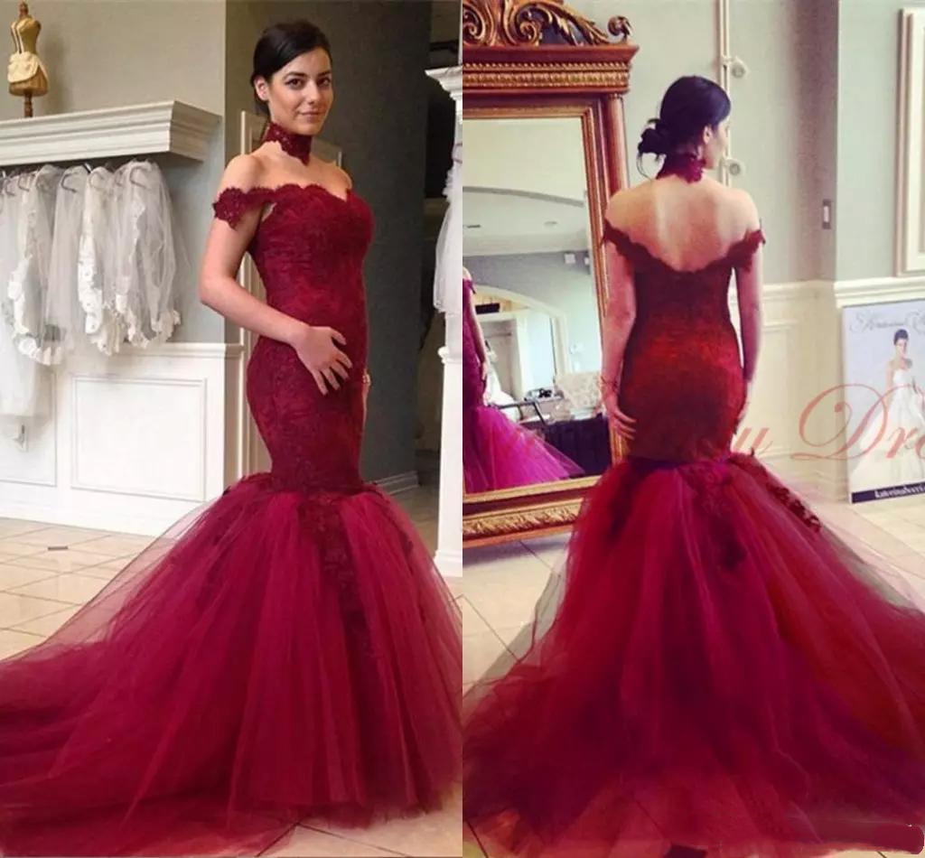 Sexy Off Shoulder Burgundy Mermaid Prom Dresses 2022 Lace Appliques Tulle Long Arabic Formal Gowns Evening Wear Engagement Dress