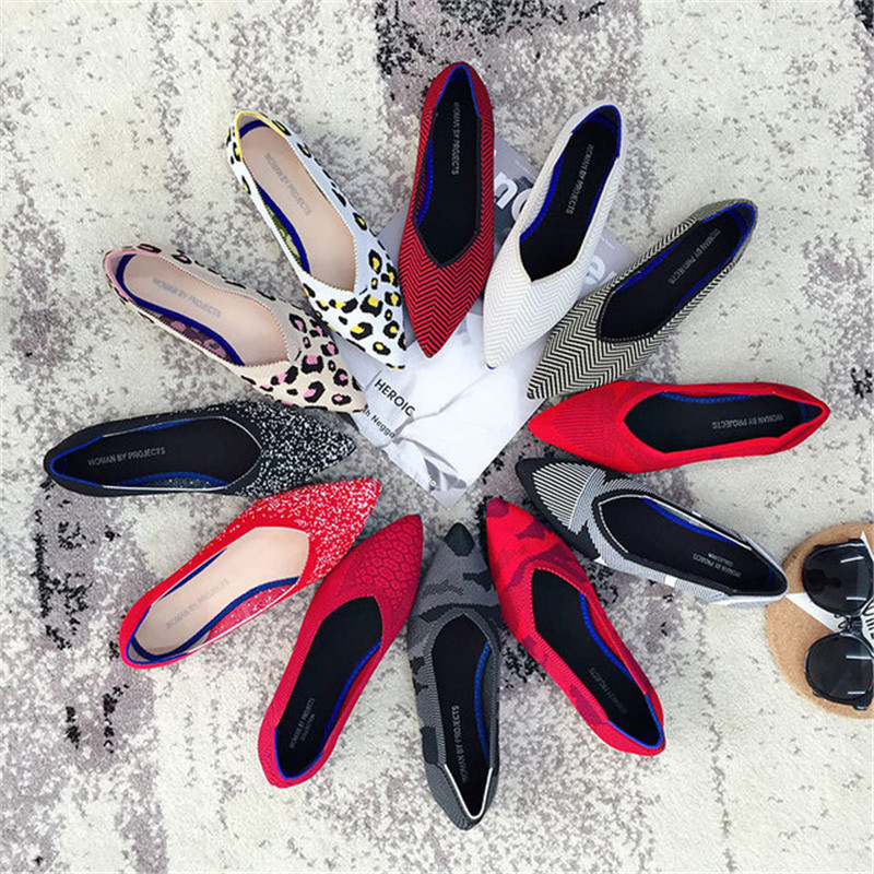 2019 Womens Flat Shoes Ballet Shoes Breathable Knit Pointed Shoes Moccasin Mixed Color Womens Soft Women Zapatos De