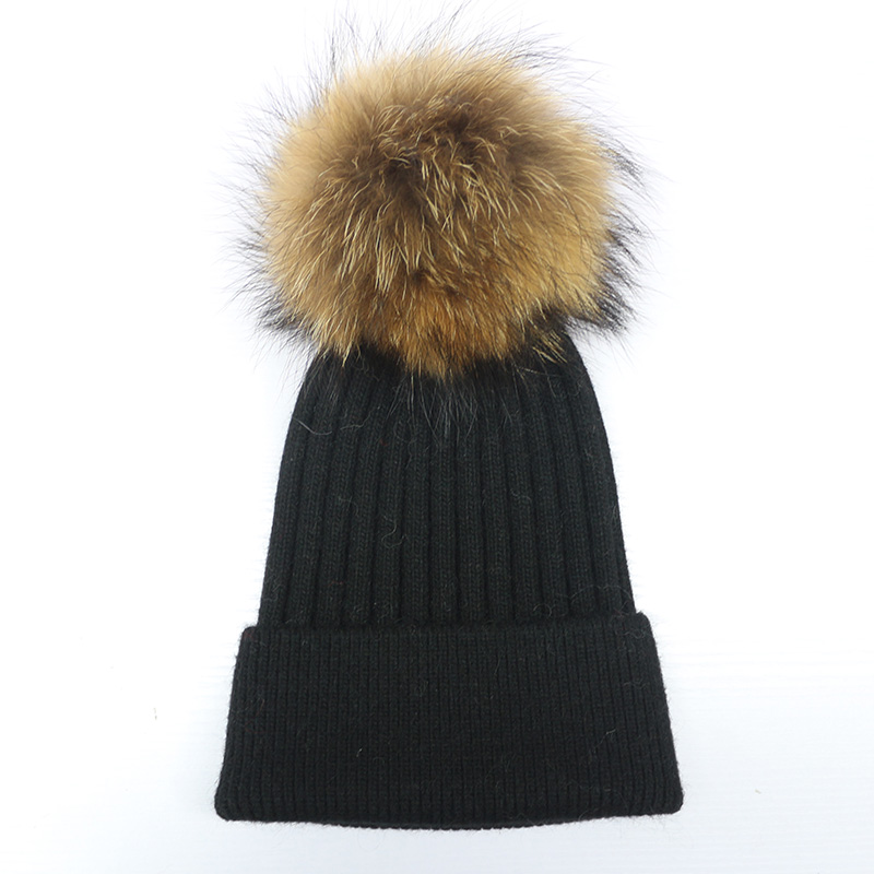 New women's hat beanie knitted hat with real fur pom pom beanie, Red