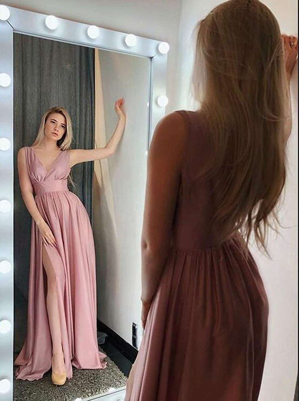 Simple V Neck Chiffon A-Line Black Prom Dresses with Slit Floor Length Cheap Party Gowns Prom Long Elegant Evening Dresses