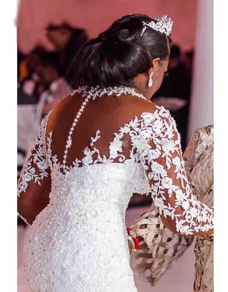 Luxury Crystals Mermaid Wedding Dresses Bridal Gowns Long Train Appliqued Floral Lace Beaded Illusion Full Sleeves African Bride Dress Custom Made