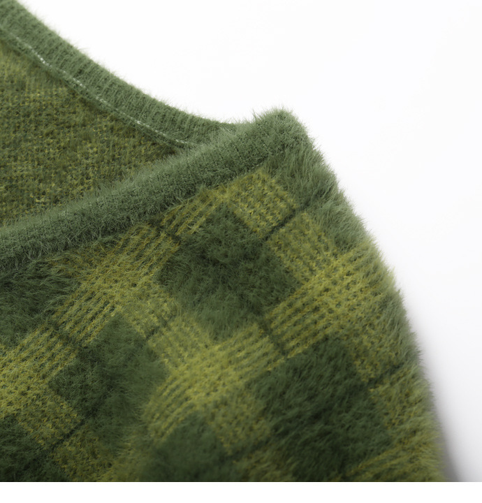 Harajuku Fuzzy Green Plaid Cardigan With Front Button Women Cropped Cardigan Sweater CX200814