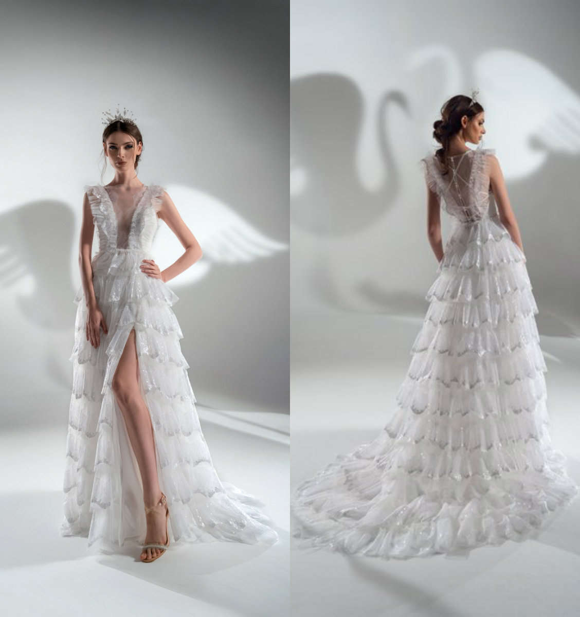 Tiered Jewel Neck Wedding Dresses Sequins Applique Sleeveless Custom Made Split Wedding Dress Sweep Train Robes De Mariée
