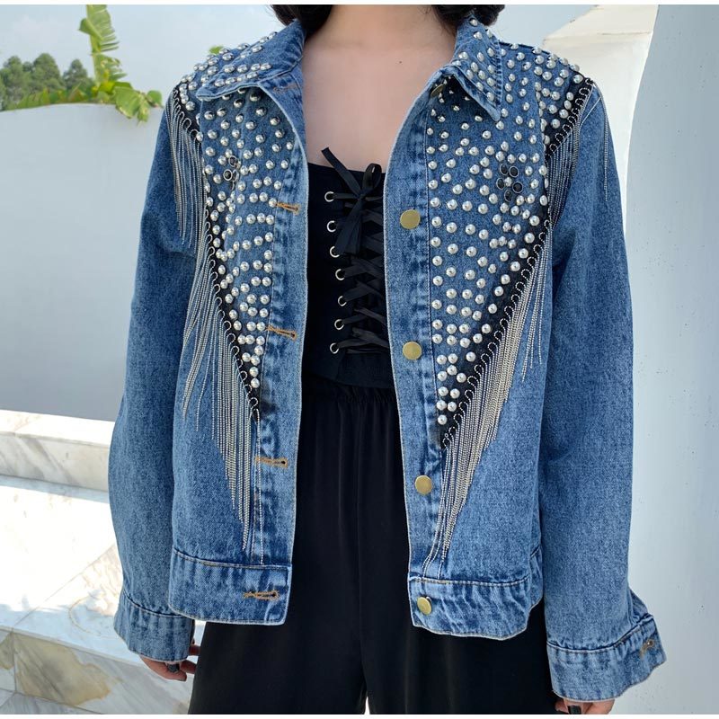 Women Denim Jakcet Rivet Tassel Jean Jackets Turn Down Collar Single Breasted Female Coats 2020 Ladies Streetwear Trending Tops CX200811