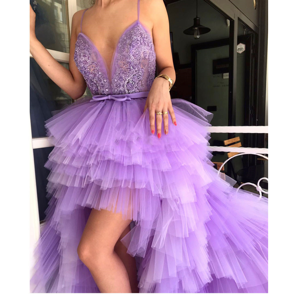 New Vestido de Festa 2020 High Low Prom Dresses Unique Design Purple Tulle Elegant Evening Dress Sexy V Neck Spaghetti Formal Dress