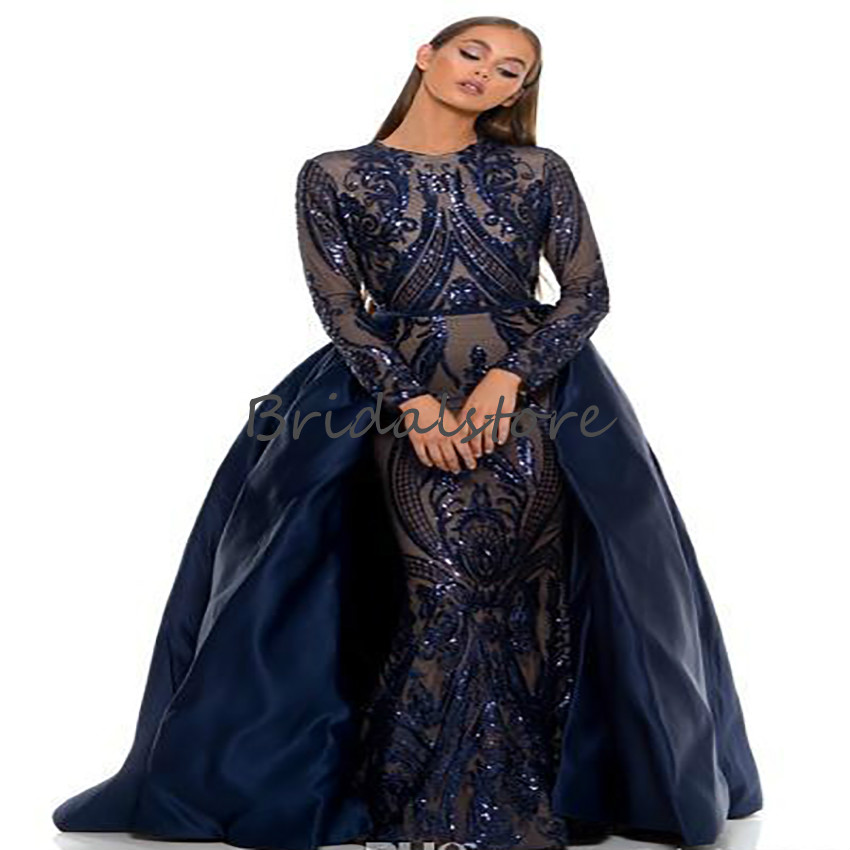 Mermaid Muslim Evening Dresses With Detachbale Train Long Sleeves Burgundy Sequin Prom Dresses African Wear 2020 Trend Plus Size Formal Gown