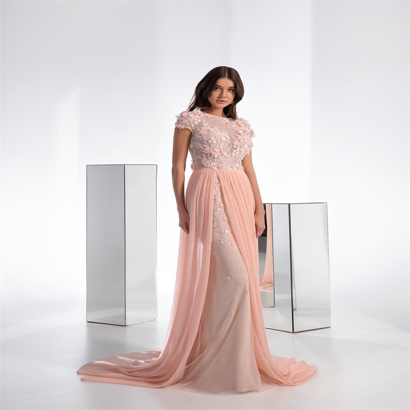 Newest Pink Evening Dresses Side-split Chiffon Appliqued Lace A-line Prom Dress Sweep Train Custom Made Formal Party Dress