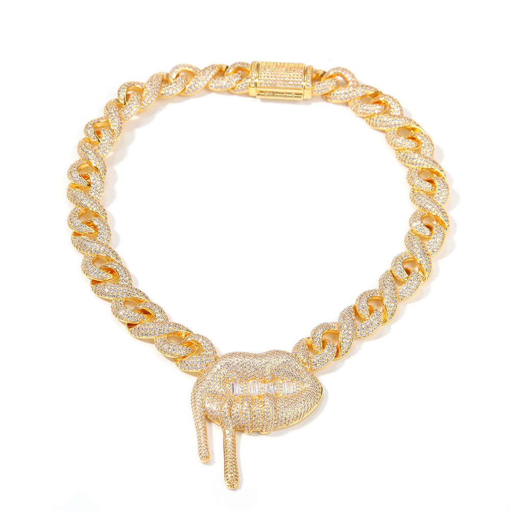 Hip Hop Mens Lip Pendant Necklace Bling Cuba Chain Shining Zircon Real Gold Plated Tennis Chain