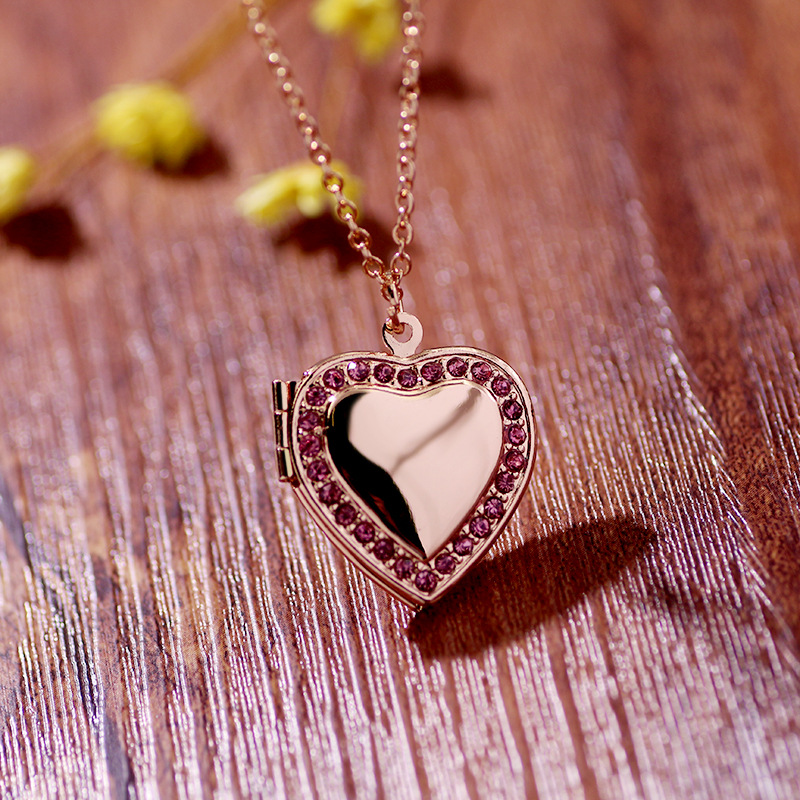 6 color Rhinestones Box Photo Frame Locket Pendant Necklace Fashion Heart Jewelry For Women Love Gift