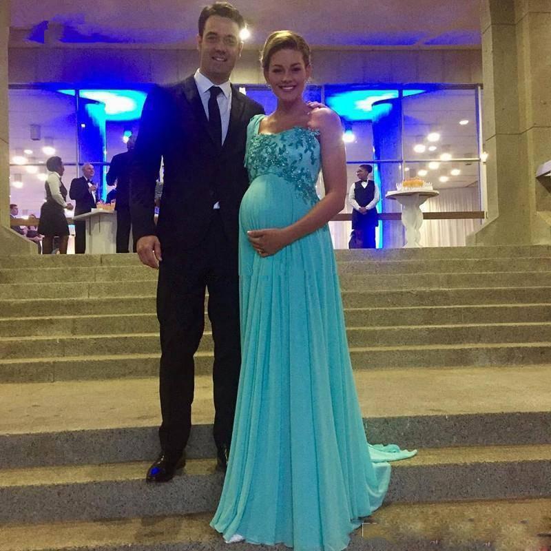 Maternity Evening Dresses One Shoulder Prom Dresses Applique Zipper Back Vestidos De Novia Long Sweep Chiffon Pregnant Prom Gowns