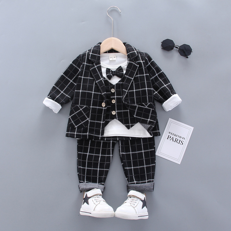Fashion 2021 3-piece Handsome Men Suit Children Suit With Bow Spring and Autumn Boys Jacket Vest Pant Plaid Suit