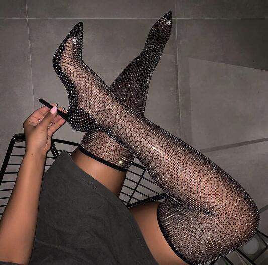 Hot Woman Black Bling Bling PVC Clear Sequins Diamond Fishnet Cuts Out Pointed Toe Heel-Strap Over The Knee Thigh Socks Boots CX200821