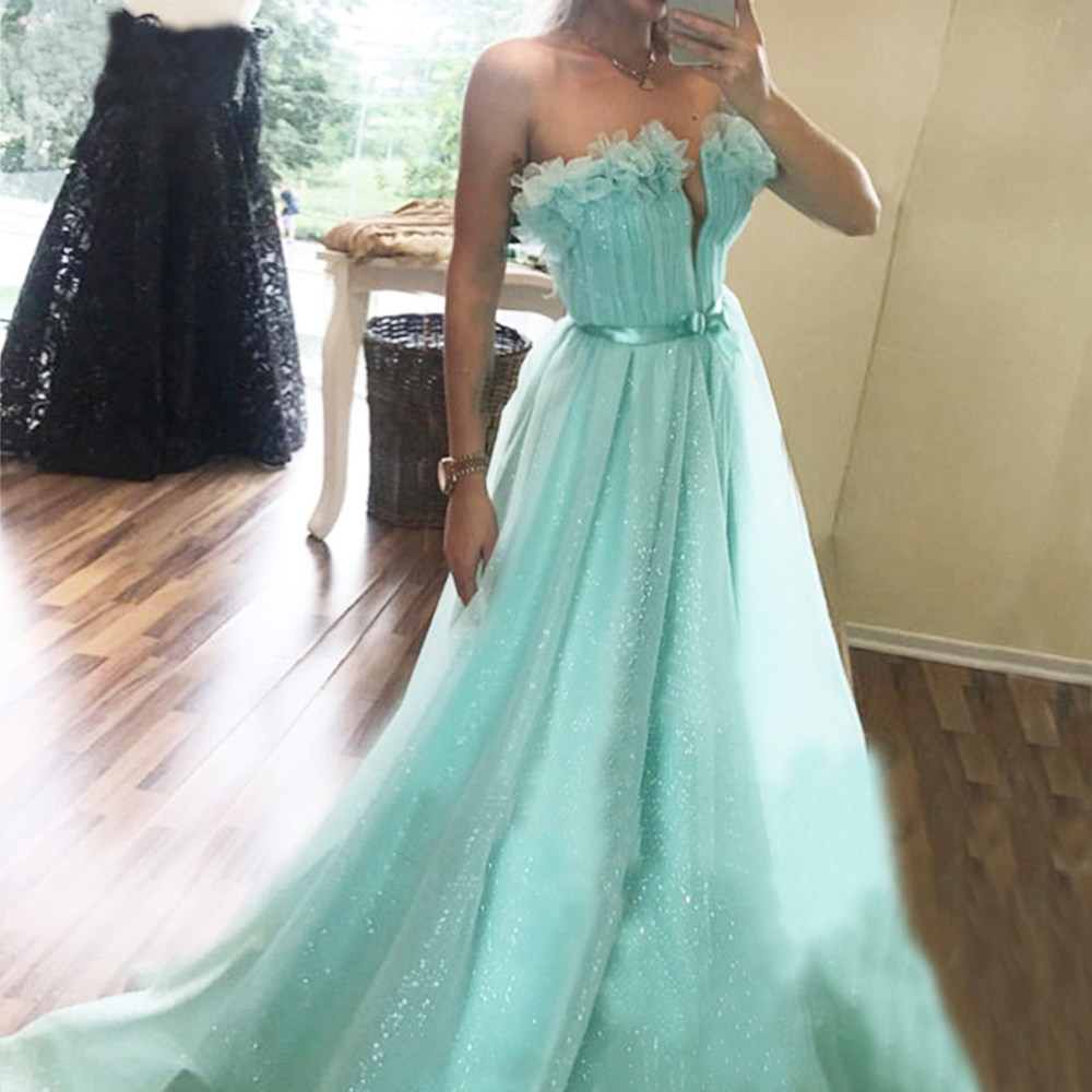 Mint Prom Dresses 2020 A line Long Tulle Gown Off Shoulder Evening Dress Flowers Girl Flowers Hem Formal Gown Bow Knot Belt Gown
