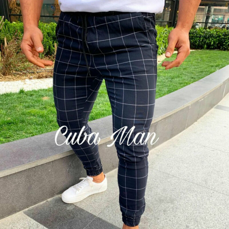 Mens Casual Slim Fit Pants Sport Tracksuit Skinny Joggers Sweatpants Stretch Trousers Plaid Men