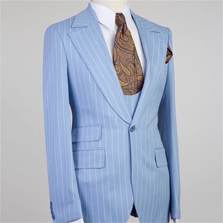 Fashion Blue Striped Mens Suits 3 Pieces Slim Fit One Button Wear Prom Party Wedding Groom Formal Tuxedos