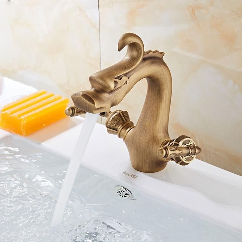 

Basin Faucets Brass Dragon Style Bathroom Sink Faucet Dual Handle Deck Mount Bath Washbasin Hot Cold Mixer Water Tap WC Taps
