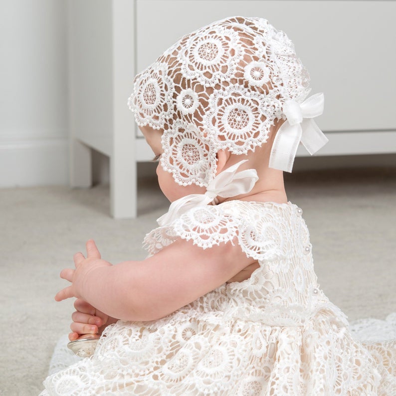 Elegant White Ivory Christening Gown Lace Baby Girls Baptism Dresses Toddler Infant Christening Dress With bonnet