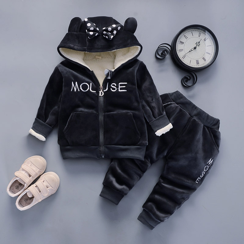Mouse Girls Clothing Sets Winter Keep Warm Plus Velvet Thickening Bear Boy Clothing Set Hooded Zipper Jacket And Pants Kids Suit