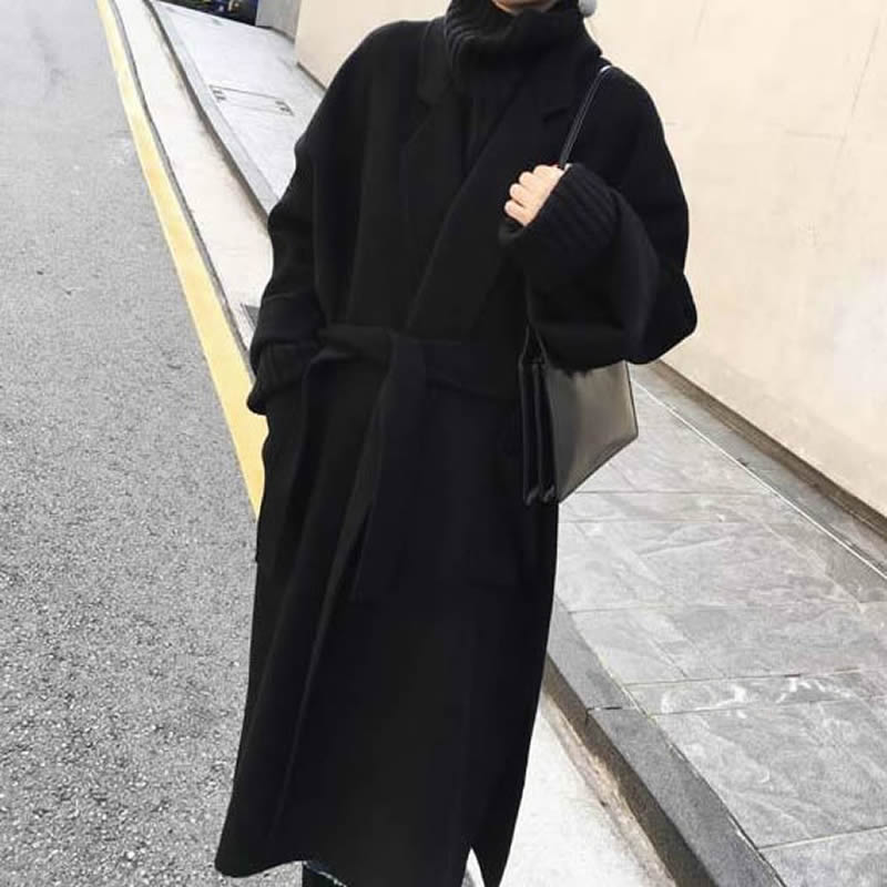 2020 Autumn winter New Women's Casual wool blend trench coat oversize Solid Cashmere Coats Cardigan Long coat with belt S-XXL