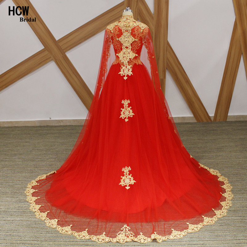 Long Red Prom Dresses With Gold Lace Sparkly Beaded Tulle A Line Arabic Prom Gowns With Cloak 2020 Custom Made Formal Dress Y200710
