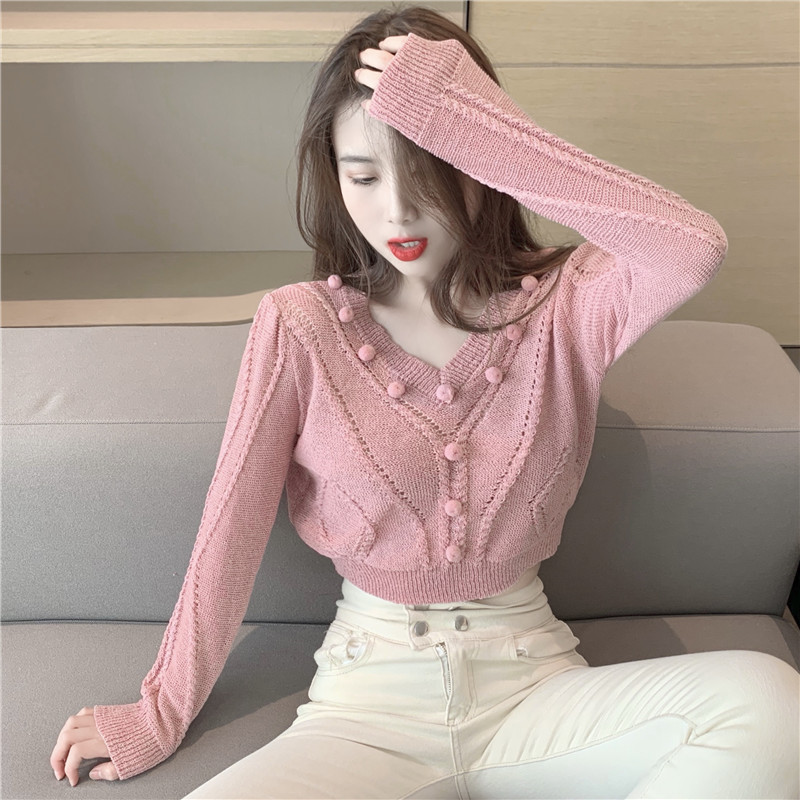 2020 autumn new product high waist loose short cropped sweater V-neck pullover sweater outer wear monochrome simple female, Pink
2020 autumn new product high waist loose short cropped sweater V-neck pullover sweater outer wear monochrome simple female, Pink