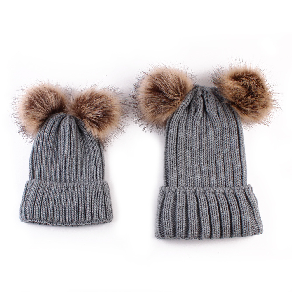 Fashion Parent-child Caps Cute Infant Baby Pom Pom Cap Winter Double Fur Ball Hat Baby Mom Warm Knitted Hat Newborn Beanies