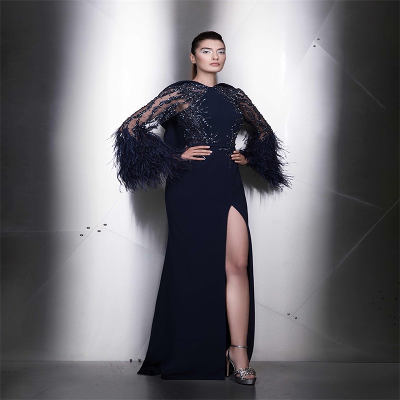 Ziad Nakad Pink Sheath Evening Dresses Sexy High-split Long Sleeves Appliqued Lace Beads Feather Prom Dress Custom Made Red Carpet Gown