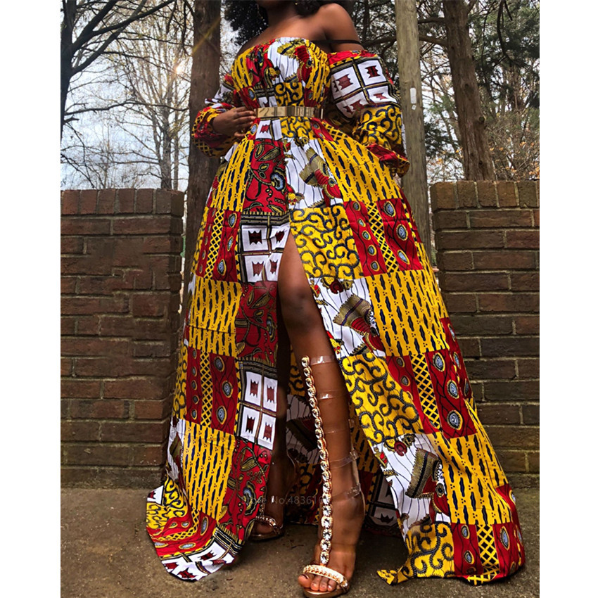 African Ladies Clothes 2020 News Shoulder Off Dress Dashiki Print Long Sleeve Maxi Clothing Plus Size African Dresses for Women CX200813