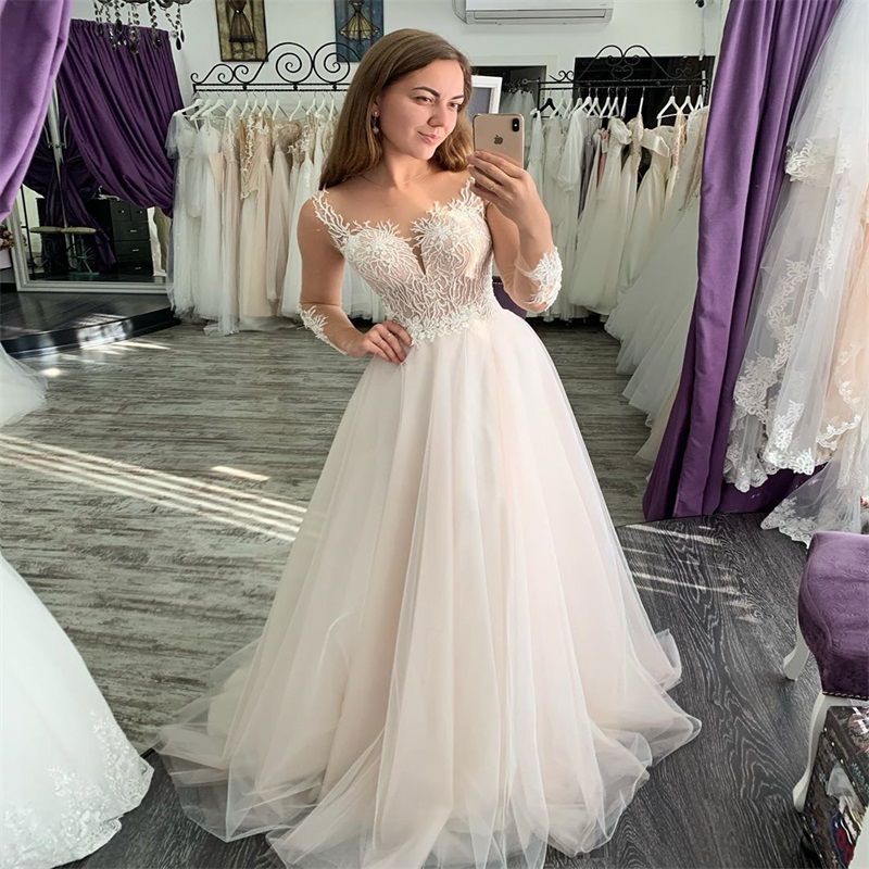 Plus Size A-line Wedding Dresses Sexy Illusion Sheer Long Sleeves Appliqued Lace Ruched Tulle Bridal Gown Beach Church Wedding Dress