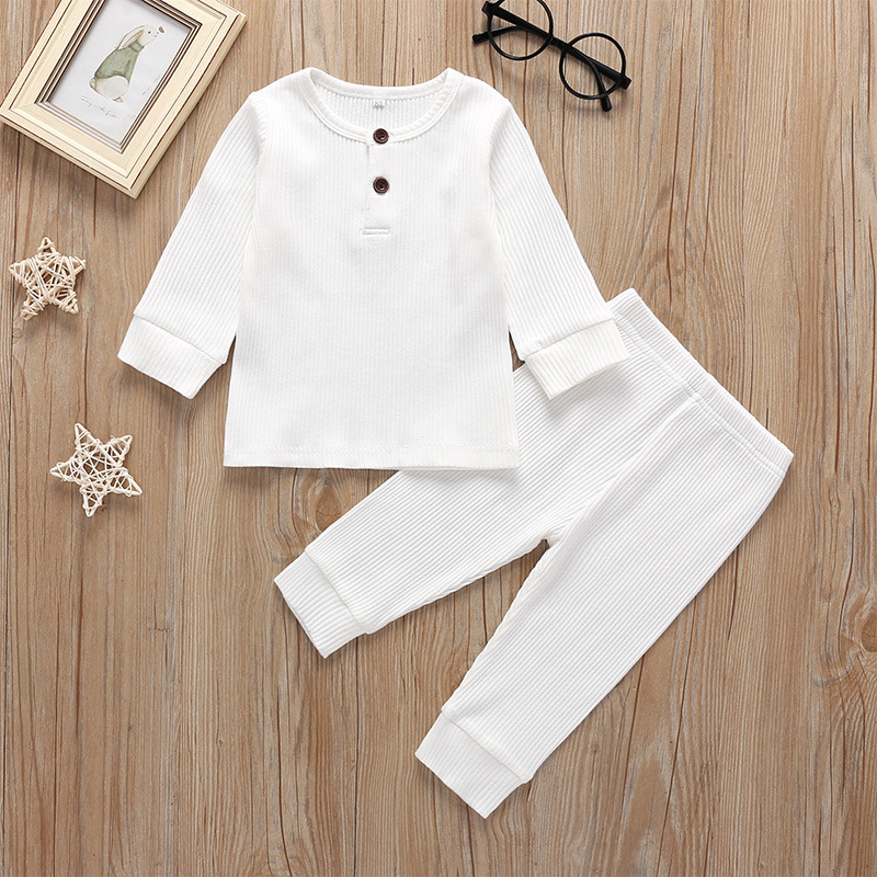 2020 New Arrival Spring Baby Boys Girls Tracksuit Children Solid Ribbed Cotton Clothing Set Infant Toddler Sleepwear Pajamas setX1019