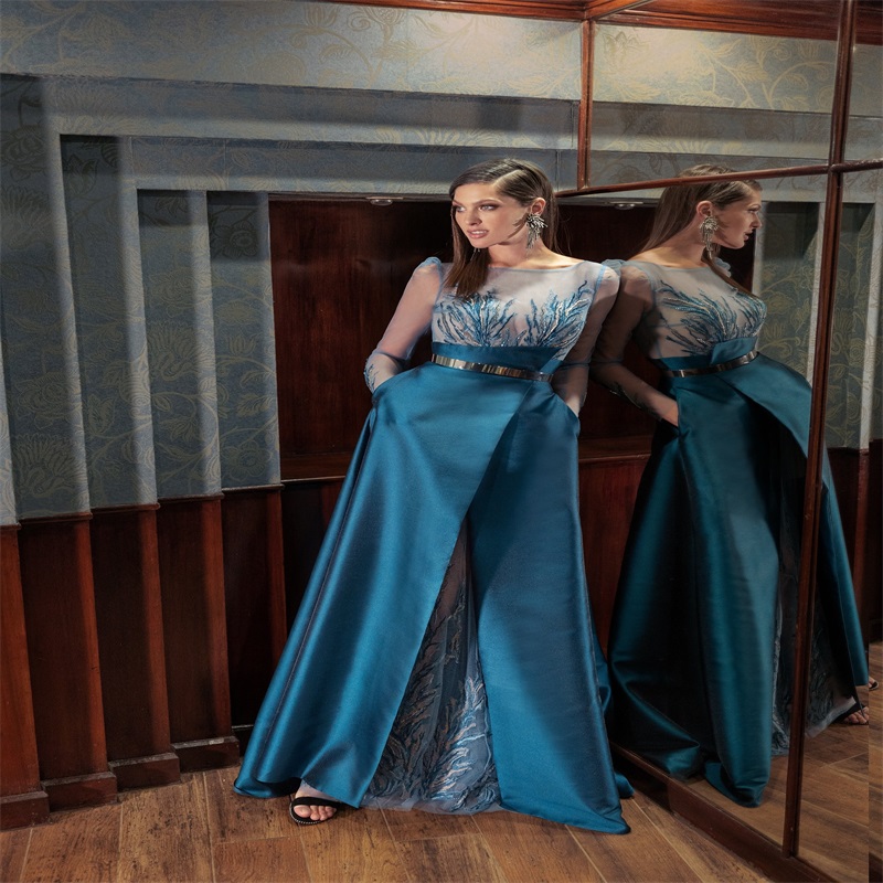 Papilio Newest A-line Evening Dresses Appliqued Long Sleeve Prom Gown Sexy High-split Backless Illusion Custom Made Sweep Train Party Dress