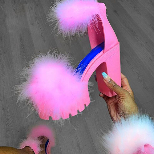 Woman Furry High Heels Pumps Buckle Platform Heels Sandals With Fur Women Square Heel Ankle Strap Open Rubber Party 20201